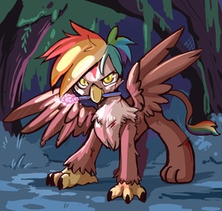 Size: 2554x2433 | Tagged: safe, artist:ende26, oc, oc only, oc:rainbow feather, griffon, badass, blood, cut, everfree forest, griffon magic, injured, interspecies offspring, magic, magical lesbian spawn, mouth hold, offspring, parent:gilda, parent:rainbow dash, parents:gildash, solo, wand