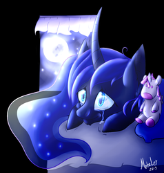 Size: 1321x1385 | Tagged: safe, artist:artbyl, princess luna, g4, bed, crying, doll, female, moon, sad, solo, window