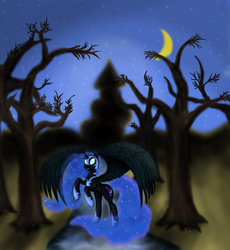 Size: 1024x1112 | Tagged: safe, artist:crimson-shield, nightmare moon, g4, castle, female, moon, solo, tree