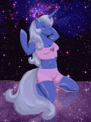 Size: 1280x1707 | Tagged: safe, artist:witchbehindthebush, princess luna, anthro, g4, cleavage, female, midriff, s1 luna, solo, space, waking up