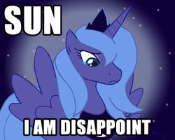 Size: 550x440 | Tagged: safe, princess luna, g4, artifact, caption, cute, female, image macro, lunabetes, princess, pun, s1 luna, solo, son i am disappoint