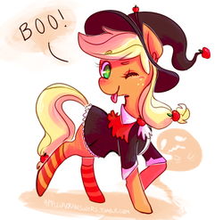 Size: 969x957 | Tagged: safe, artist:tokiball12345, applejack, g4, clothes, costume, female, hat, socks, solo, striped socks, tongue out, wink, witch