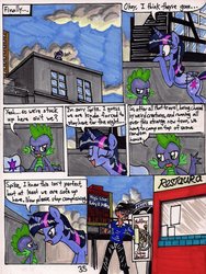 Size: 776x1030 | Tagged: safe, derpy hooves, spike, twilight sparkle, oc, oc:tommy, alicorn, pony, comic:twilight and the big city, g4, comic, female, mare, muffin, non-mlp oc, self insert, that pony sure does love muffins, twilight sparkle (alicorn)