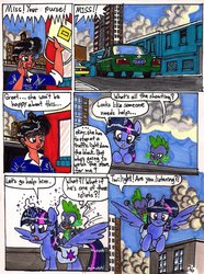 Size: 771x1037 | Tagged: safe, artist:newyorkx3, spike, twilight sparkle, oc, oc:tommy, alicorn, human, pony, comic:twilight and the big city, g4, comic, female, mare, non-mlp oc, self insert, traditional art, twilight sparkle (alicorn)