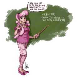 Size: 800x800 | Tagged: safe, artist:theartrix, cheerilee, human, g4, chalkboard, dialogue, female, humanized, programming, solo