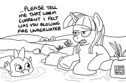 Size: 1049x693 | Tagged: safe, artist:crypticpawsignals, spike, twilight sparkle, dragon, pony, unicorn, g4, female, implied pissing, male, mare, monochrome