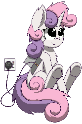Size: 1000x1500 | Tagged: safe, artist:scramjet747, sweetie belle, pony, robot, robot pony, unicorn, g4, animated, charging, female, filly, foal, gif, hooves, horn, power cord, sitting, smiling, solo, sweetie bot