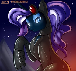 Size: 1493x1408 | Tagged: dead source, safe, artist:skyart301, nightmare rarity, pony, unicorn, g4, bedroom eyes, catsuit, clothes, female, looking at you, mare, smiling, solo