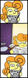 Size: 471x1300 | Tagged: safe, carrot top, derpy hooves, golden harvest, earth pony, pegasus, pony, g4, boop, exploitable meme, female, mare, meme, newspaper, newspaper meme, poking