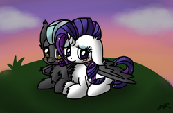 Size: 572x373 | Tagged: safe, artist:kixkat, rarity, thunderlane, g4, female, hug, male, ship:rarilane, shipping, straight, winghug