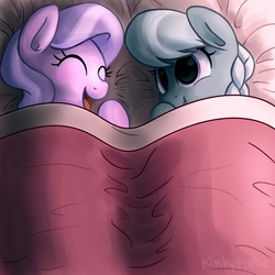 Size: 1500x1500 | Tagged: safe, artist:kinkypinkie, diamond tiara, silver spoon, earth pony, pony, g4, bed, cute, diamondbetes, sleepover