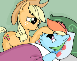 Size: 1600x1257 | Tagged: safe, artist:redesine, applejack, rainbow dash, ask applejack and rainbow dash, g4, ask, bed, duo, sick