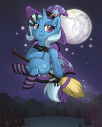 Size: 800x1000 | Tagged: safe, artist:oomles, trixie, pony, unicorn, g4, broom, clothes, crossed legs, female, flying, flying broomstick, full moon, lidded eyes, looking back, mare, mare in the moon, moon, night, night sky, sitting, smiling, socks, solo, sparkles, stars, striped socks, tree, witch