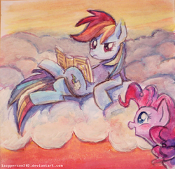 Size: 600x578 | Tagged: safe, artist:sophiesplushies, pinkie pie, rainbow dash, g4, book, cloud, cloudy, reading, traditional art
