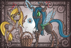 Size: 1008x686 | Tagged: safe, artist:raptor007, derpy hooves, queen chrysalis, pegasus, pony, g4, basket, female, heart, magic, mare, muffin