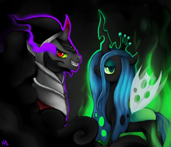 Size: 1809x1555 | Tagged: dead source, safe, artist:trefleix, king sombra, queen chrysalis, changeling, changeling queen, pony, unicorn, g4, female, male, ship:chrysombra, shipping, straight, unholy matrimony