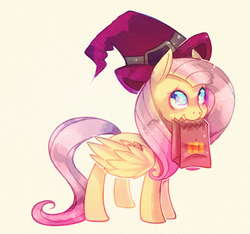 Size: 869x813 | Tagged: safe, artist:cappydarn, fluttershy, g4, bag, female, hat, mouth hold, solo