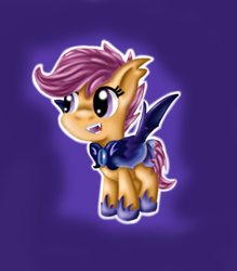 Size: 530x605 | Tagged: safe, artist:mmarceline, scootaloo, g4, clothes, costume, fangs, female, night guard, nightmare night, solo