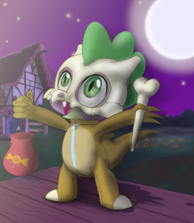 Size: 1560x1800 | Tagged: safe, artist:evil-dec0y, spike, cubone, dragon, g4, baby, baby dragon, bag, bone, clothes, costume, crossover, cute, fangs, green eyes, house, looking up, male, moon, night, nightmare night, pokémon, smiling, solo, spikabetes, zipper