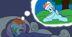 Size: 1508x793 | Tagged: safe, artist:haxorus31, rainbow dash, g4, bed, dream, exercise, featureless crotch, sleeping, snoring