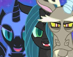 Size: 900x700 | Tagged: safe, artist:suspicioustumbleweed, discord, nightmare moon, queen chrysalis, alicorn, changeling, changeling queen, draconequus, pony, g4, looking at you
