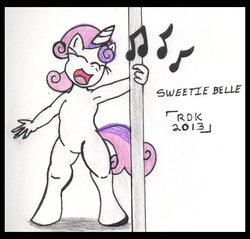 Size: 530x507 | Tagged: safe, artist:rdk, sweetie belle, unicorn, anthro, unguligrade anthro, g4, hearts and hooves day (episode), eyes closed, featureless crotch, female, hearts and hooves day, music notes, pole dancing, singing, solo, stripper pole, traditional art
