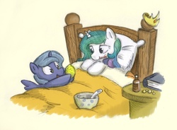 Size: 900x664 | Tagged: safe, artist:onkelscrut, princess celestia, princess luna, alicorn, pony, g4, bed, blanket, book, bottle, bowl, cewestia, crown, cute, fever, filly, foal, hoof hold, horn, lemon, lying down, on back, pillow, royal sisters, s1 luna, siblings, sick, sisters, soup, spoon, spread wings, thermometer, wings, woona, younger