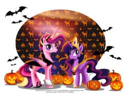 Size: 2500x1900 | Tagged: safe, artist:tiffanymarsou, princess cadance, twilight sparkle, alicorn, pony, vampire, g4, alternate hairstyle, clothes, concave belly, costume, crown, duo, ethereal mane, ethereal tail, female, folded wings, halloween, height difference, holiday, hoof shoes, jack-o-lantern, jewelry, mare, nightmare night, peytral, physique difference, princess shoes, pumpkin, raised hoof, regalia, sisters-in-law, slender, tail, thin, twilight sparkle (alicorn), wings