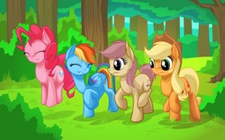 Size: 2560x1600 | Tagged: safe, artist:mysticalpha, applejack, pinkie pie, rainbow dash, oc, g4, cute, diapinkes, forest, group, hopping, smiling