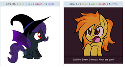 Size: 527x280 | Tagged: safe, spitfire, oc, oc:nyx, alicorn, pony, derpibooru, g4, alicorn oc, exploitable meme, juxtaposition, juxtaposition win, meme, meta