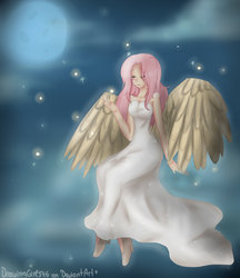 Size: 1024x1186 | Tagged: safe, artist:drawing-heart, fluttershy, human, g4, female, humanized, moon, sad, sky, solo, stars, winged humanization