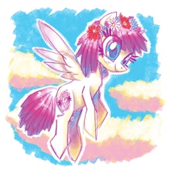 Size: 1200x1200 | Tagged: safe, artist:needsmoarg4, daisy may, pegasus, pony, g3, g4, cloud, cloudy, female, floral head wreath, flying, g3 to g4, generation leap, mare, solo, vignette