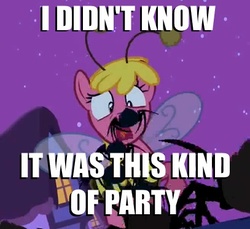 Size: 407x372 | Tagged: safe, edit, edited screencap, screencap, cherry berry, pony, spider, g4, luna eclipsed, bee costume, clothes, costume, cropped, female, halloween, image macro, meme, nightmare night, nightmare night costume, solo