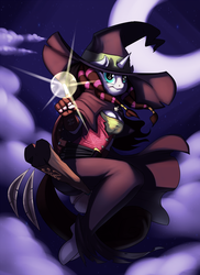 Size: 945x1300 | Tagged: safe, artist:siden, oc, oc only, oc:sixtoh, unicorn, anthro, unguligrade anthro, anthro oc, broom, clothes, cloud, crescent moon, flying, flying broomstick, glowing hands, moon, solo