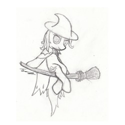 Size: 1280x1280 | Tagged: safe, artist:jamesandwich, trixie, pony, unicorn, g4, broom, cape, clothes, costume, female, flying, flying broomstick, halloween, hat, lidded eyes, looking at you, mare, nightmare night, sitting, smiling, solo, traditional art, witch, witch hat