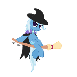 Size: 1280x1280 | Tagged: safe, artist:jamesandwich, trixie, pony, unicorn, g4, broom, cape, clothes, costume, female, flying, flying broomstick, halloween, hat, lidded eyes, looking at you, mare, nightmare night, simple background, sitting, smiling, solo, white background, witch, witch hat