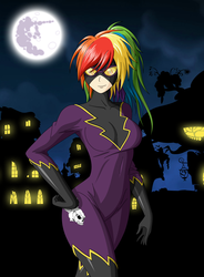 Size: 4102x5570 | Tagged: safe, artist:zantyarz, rainbow dash, human, g4, absurd resolution, breasts, busty rainbow dash, clothes, female, hand on hip, humanized, latex, latex suit, mare in the moon, moon, nightmare night, shadowbolt dash, shadowbolts, shadowbolts costume, solo