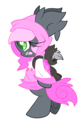 Size: 2500x3757 | Tagged: safe, artist:starlightlore, oc, oc only, oc:heartbeat, bat pony, pony, backpack, bipedal, blank flank, clothes, cute, digital art, female, gray coat, green eyes, heart eyes, hoodie, mare, open mouth, pink hair, pink mane, pink tail, pink wings, plush backpack, plushie, pony backpack, pony plushie, simple background, solo, transparent background, wingding eyes