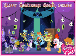 Size: 720x531 | Tagged: safe, applejack, blewgrass, dizzy twister, fiddlesticks, kazooie (g4), orange swirl, pinkie pie, pitch perfect, rainbow dash, sea swirl, seafoam, spike, twilight sparkle, bat pony, pony, g4, official, animal costume, apple family member, chicken pie, chicken suit, clothes, costume, dragon costume, dragonception, knight armor, lion suit, night guard, nightmare night costume, ragtime, scarecrow costume, shadowbolt dash, shadowbolts costume, star swirl the bearded costume, unnamed character, unnamed pony