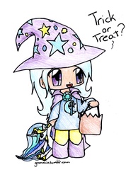 Size: 1646x2105 | Tagged: safe, artist:bluey1996, trixie, human, g4, chibi, clothes, costume, female, halloween, humanized, nightmare night, solo