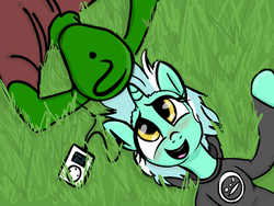 Size: 800x600 | Tagged: dead source, safe, artist:choop, lyra heartstrings, oc, oc:anon, human, pony, unicorn, fanfic:background pony, g4, blushing, clothes, duo, earbuds, grass, hieroglyphics, hoodie, ipod, mp3 player, music, music player, on back, sharing headphones, smiling
