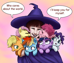 Size: 500x423 | Tagged: safe, artist:doublewbrothers, applejack, fluttershy, pinkie pie, rainbow dash, rarity, twilight sparkle, human, g4, cropped, cuddling, eyes closed, foal, hug, lauren faust, nuzzling, puppy ponies, smiling, snuggling