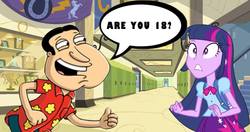 Size: 960x508 | Tagged: safe, twilight sparkle, equestria girls, g4, crossover, family guy, glenn quagmire, male