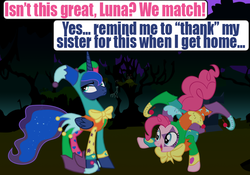 Size: 720x504 | Tagged: safe, artist:death-driver-5000, pinkie pie, princess luna, alicorn, earth pony, pony, g4, clothes, comic, costume, dialogue, female, jester, jester pie, mare, nightmare night, open mouth, single panel, vector