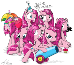 Size: 1366x1200 | Tagged: safe, artist:flutterthrash, pinkie pie, g4, too many pinkie pies, balloon, clone, cute, cuteamena, facial hair, hat, heavy metal, megadeth, moustache, multeity, partillery, party cannon, pinkamena diane pie, pinkie clone, song reference, too much pink energy is dangerous, umbrella hat