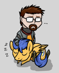 Size: 568x700 | Tagged: safe, artist:overcharge, flash sentry, human, pegasus, pony, g4, ..., crossover, cute, diasentres, eyes closed, flash gordon, frown, glasses, gordon freeman, half-life, human on pony petting, human on pony snuggling, petting, prone, pun, sitting, sleeping, smiling, snuggling, speechless, valve software, video game, visual pun, zzz