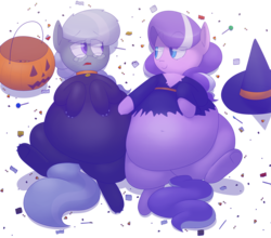 Size: 2900x2550 | Tagged: safe, artist:secretgoombaman12345, diamond tiara, silver spoon, earth pony, pony, ask chubby diamond, belly, belly button, candy, chubby diamond, clothes, costume, fat, female, filly, halloween