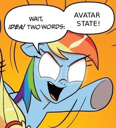 Size: 334x366 | Tagged: safe, idw, applejack, rainbow dash, g4, avatar state, avatar the last airbender, comic, exploitable meme, glowing eyes, meme, two words meme