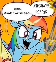 Size: 334x366 | Tagged: safe, idw, applejack, rainbow dash, g4, comic, disney, exploitable meme, hero's crest, keyblade, kingdom hearts, meme, two words meme