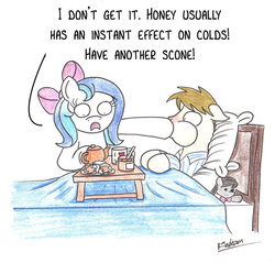 Size: 914x874 | Tagged: safe, artist:bobthedalek, octavia melody, oc, oc:kettle master, pony, g4, bed, blanket, bow, breakfast in bed, clothes, cold, cup, dialogue, drink, feeding, food, force feeding, hair bow, honey, jar, mug, pajamas, pillow, plushie, red nosed, scone, sick, tea, teapot, text